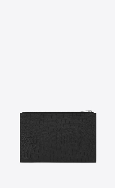 saint laurent paris zipped mini tablet sleeve in black crocodile embossed leather